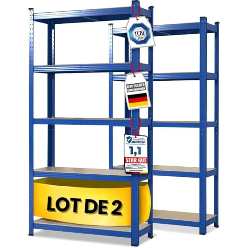 KARAT Lot de 2 étagères pour Charges Lourdes – Étagère enfichable – 5 tablettes réglables (Bleu. 40 x 90 x 180 cm)