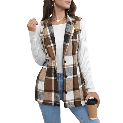 Womens Plaid Vest Long Open Front Sleeveless Suit Jackets Dressy Button Down Lapel Shacket Shirt Casual Blazer