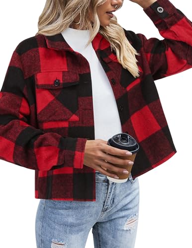 Zeagoo Flannel Shirts for Women Cropped Plaid Jacket Shacket Button Down Red Christmas Winter Jackets Coat