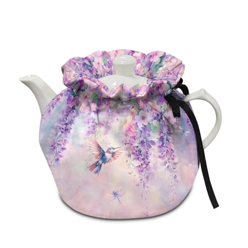 Image of Hummingbird Floral Print Tea Cozy for Teapot Insulated Thermal Tea Cozies Covers with Drawstring 6.1x6.1x6.9 Inch Teapot Insulation Cover, Kitchen Accessories, Purple