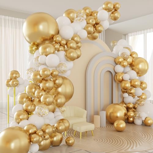 White and Gold Balloons Arch Kit 124pcs White Gold Confetti Metallic Latex Balloons Arch for Baptism Baby Shower Birthday Party Decorations