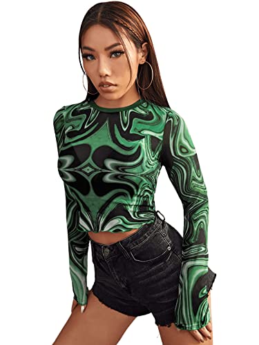 SweatyRocks Women's Long Sleeve Mock Neck Angel Print Sexy Sheer Mesh Crop Top