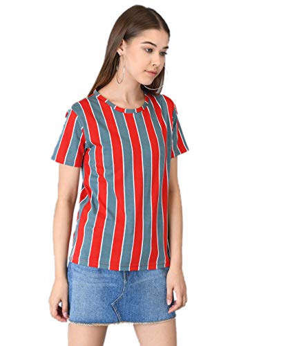 Image of KOTTY Red Striped Cotton Women T-Shirt