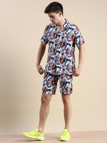 Image of SHOWOFFFF Men Printed Two-Piece Co Ords | Cuban Collar Half Sleeves Cotton Co-Ords for Mens | Mid-Rise Relaxed Fit Regular Length Co-Ord for Men's