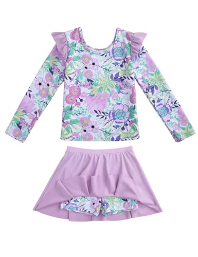 Girls Rash Guard Swimsuit Set Long Sleeve 2 Pieces Bathing Suit Swimming Skirt with Shorts 4-13Y