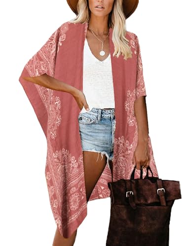 breezy lane Cache-maillot de bain kimono pour femme - Cardigan - Vêtement de plage - Imprimé floral bohème, Taille unique