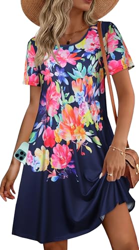 Image of Womens Summer Dresses Beach Casual Loose Tshirt Floral Short Sleeve Flowy Pockets Sundresses 2026