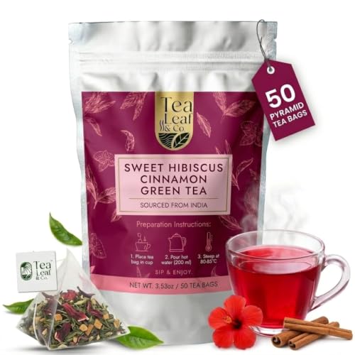 Image of Sweet Hibiscus Cinnamon Green Tea Bags (50 Count), Caffeinated, Real and Natural, Blended with Fresh Herbs and Spices, Gluten Free