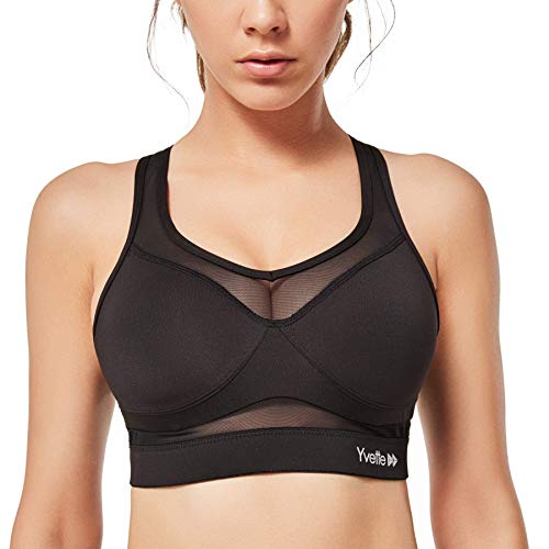 Yvette Sport BH Starker Halt Mesh Ringerrücken Große Brüste Ohne Bügel Gepolstert für Fitness Lauf Yoga, Schwarz, L