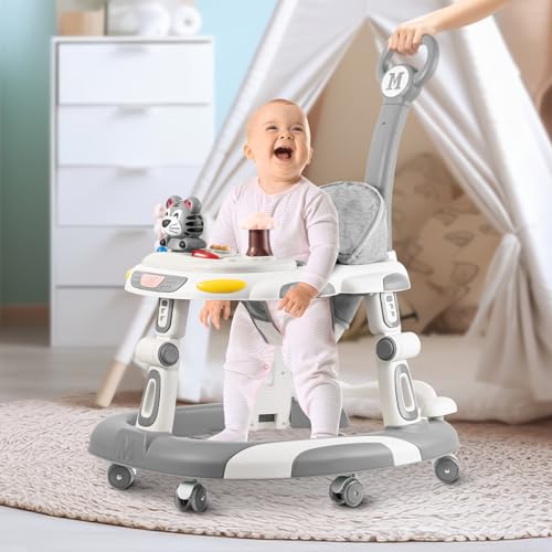 baby walkers 5-in-1 height adjustable baby walker with wheels foldable walker for baby and baby activity center with music amptoys tray infant toddler baby walker for boys and girls 6-24 monthsgrey