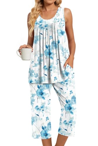 Image of TAOHUADAO Womens Summer 2 Piece Pajama Sets, Sleeveless Tops with Capri Pants, Lounge Ladies Pjs Sets with Pockets