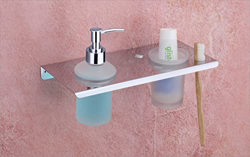 Image of Stainless Steel Toothbrush Holder with Glass Tumbler & Liquid Soap Dispenser Set - Wall Mounted 2-in-1 Bathroom Organizer, Chrome Finish (Square /Frosted Glass) (E 3512)