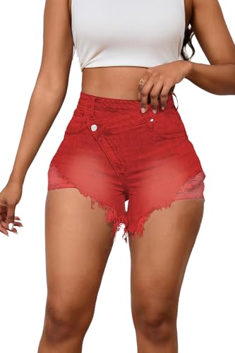 Image of PINSV Women's High Waisted Crossover Jean Shorts Ripped Hem Raw Denim Shorts