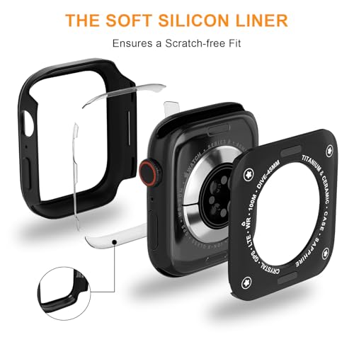 SDOCEBF Aluminum Alloy Case for Apple Watch 44mm Series 6 5 4 SE SE2 SE3, Ultra Slim Shockproof Protective Cover, Built-in 9H Tempered Glass Screen Protector, Black - image 5