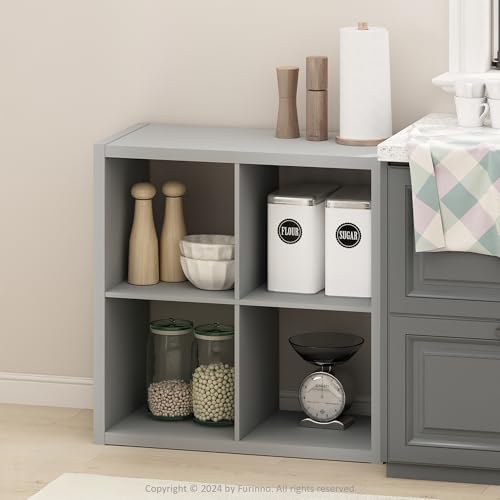 Image of Furinno HERMITE Kitchen Island, 4-Cube Coffee Bar, Extra Thick Kitchen Storage, Bakers Rack, for Pantry Organizers and Storage, Kitchen Organization, Light Grey