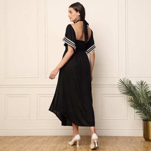 Image of DEEBACO Solid Rayon A-Line Slit Dress for Women's|Off Shoulder Short Bell Sleeve Maxi Dress with Pockets|Summer Western Party Casual Wear Dress for Ladies