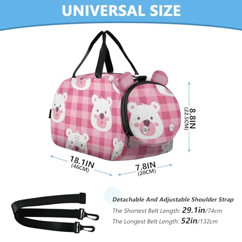 Duffle Bag Kids Gym Bag with Shoes Compartment & Wet Separation Overnight Travel Duffel Bag Pink Checkered with A Bear's Face for Girl Boy3