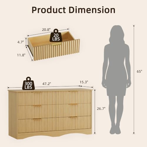 YESHOMY Bedroom Dresser, 47.2" Fluted Wood Dressers, 6 Drawer Dresser - Image 2