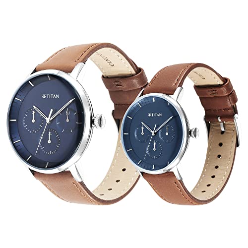 Image of Titan Modern Bandhan Blue Dial Quartz Multifunction Leather Strap Watch for Couple-NS9400694206SL01P