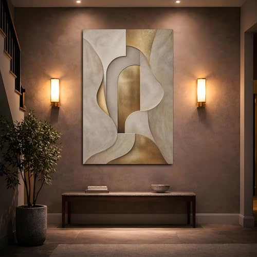 Tableau abstrait or et beige éclatant | Toile salon chic grand format vertical