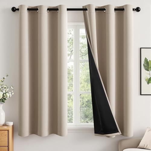 Image of MIULEE Taupe 100% Blackout Curtains for Bedroom 40x45 Inch Length 2 Panels | 2 Thick Layers Thermal Insulated Short Curtains with Black Liner, Noise Reducing Grommet, Drapes for Living Room
