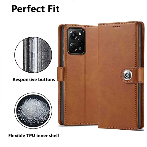 Image of SHINESTAR Ultimate Leather Finish Flip Back Cover for Poco X5 Pro 5G | Inside TPU & Inbuilt Stand | Wallet Style Back Cover Case for Poco X5 Pro 5G | Stylish Button Magnetic Closure - Brown