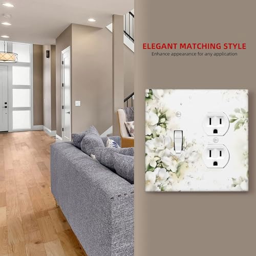 Decorative Outlet Covers Rustic Ink Green Leaves White Florals Flower 2 Gang Outlet Cover Wall Plate Single Toggle Duplex Light Switch Cover Plate Switch Plate Covers for Bedroom Decor