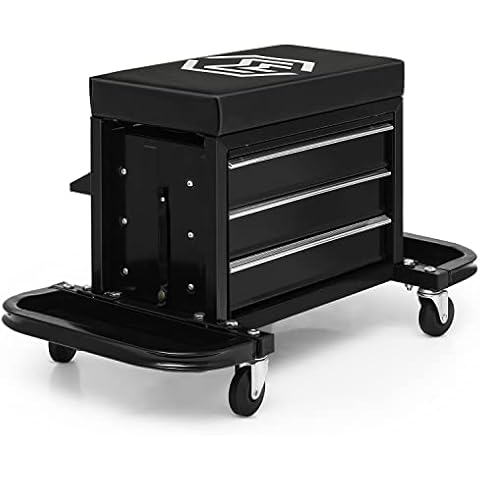 M-AUTO Rolling Mechanic Stool Garage Toolbox Stool Tool Chest Seat w/Wheels, 350LBS Capacity Padded Mechanic Stool Creeper Seat w/Drawers & Side Tool Trays for Home Garage and Workshop, Black Cover