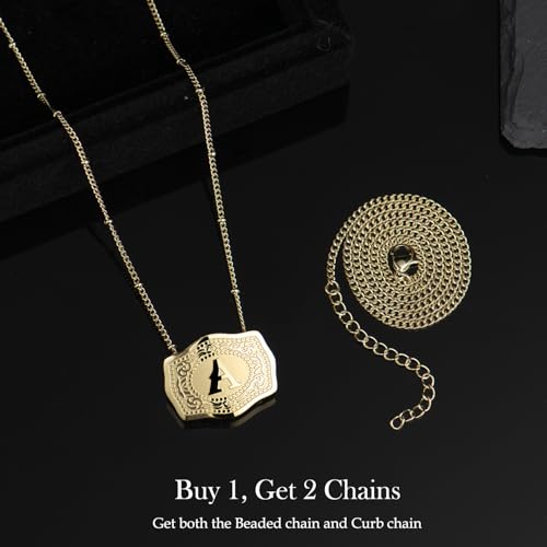 14K Gold-Plated Initial Letter Pendant Necklace with Embossed Belt Buckle, Buy 1 Get 2 Chains, Personalized Necklace for Women and Men3