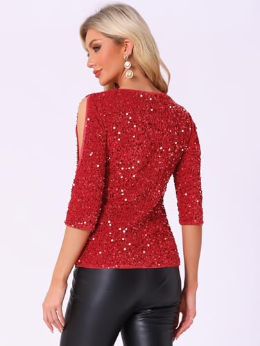 Allegra K Sparkle Sequin Velvet Tops for Women's Cut Out Half Sleeve Party Club Holiday Blouse3