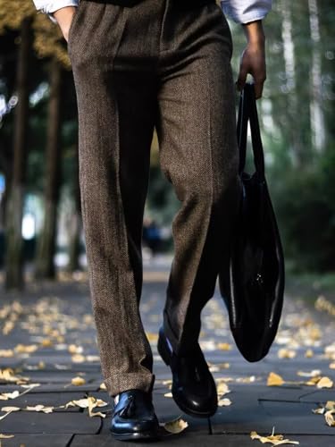 Ceehuteey Men's High Waisted Tweed Pleated Front Dress Pants Wool Trousers3