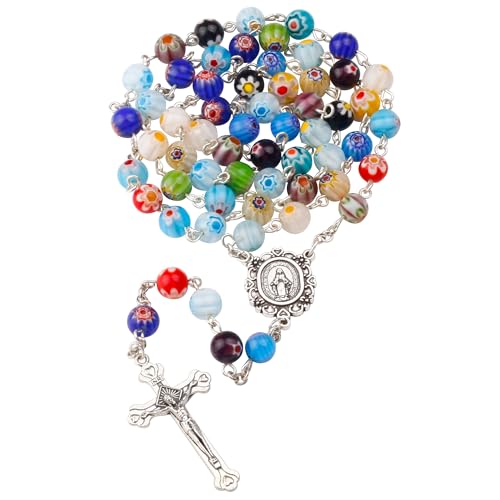 Multicolor Murano Glass Beads Catholic Rosary Necklace with Virgin Mary PU Leather Bag
