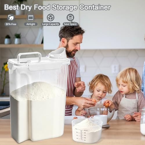 Image of Komzon Rice Storage Containers, Airtight Cereal Containers Storage, with Pouring Spout Portable Handle for Flour, Pasta, Grain and Baking, Pet Dog Cat Bird Food Container 20lb White