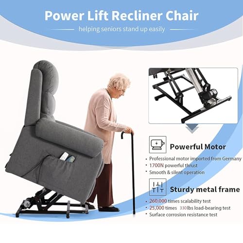 URRED Power Lift Recliner Chair for Elderly, Electric Recliners Massage Chair with Heat for Adult, Velvet Fabric Massage Recliner Sofa Chair with Side Pockets, USB Ports, Grey