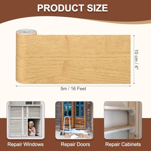 Image of MECCANIXITY Wood Grain Repair Tape, 4 Inch x 16 Feet Self Adhesive Wood Grain Tape Multi-Purpose Wallpaper Border Trim for Furniture Floors Windows Doors Tables Home, Bright Yellow