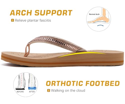 Image of ONCAI Women's Flip Flops with Rhinestone, Arch Support Yoga Mat Comfort Walking Summer Beach Thong Sandals with Plantar Fasciitis Rubber Soles US Size 5-11