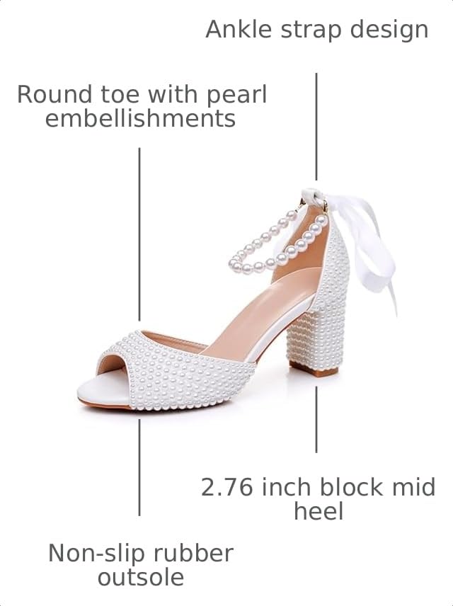 Image of Goolita Pearl Heels For Women Mid Block Ankle Strap Heeled Sandals Round Open Toe Party Evening Bridal Shoes For Wedding