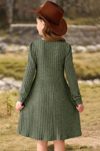 HOSIKA Girls Knit Dress Fall Long Sleeve Crew Neck Plain A-line Casual Dresses with Pockets for 6-12 Y4