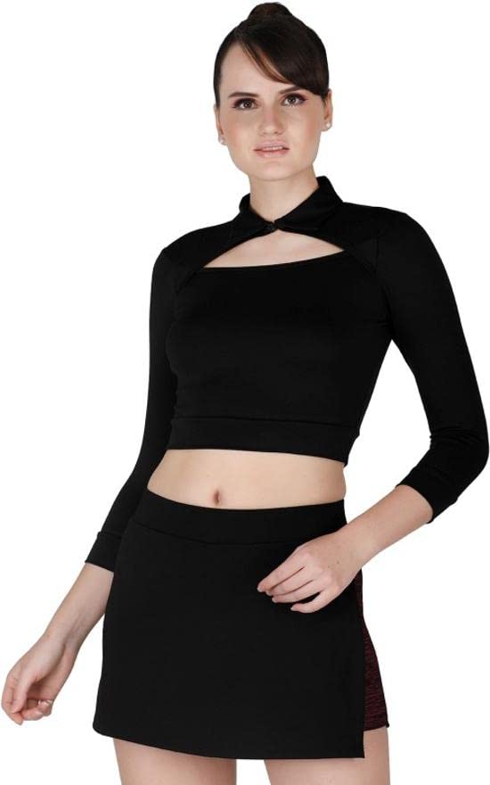 kinect Women's Regular Fit Polyester Solid Casual Long Sleeves with Collered Neck Crop Top (Black_Size-XL) PL-MOCO-006-picture-36
