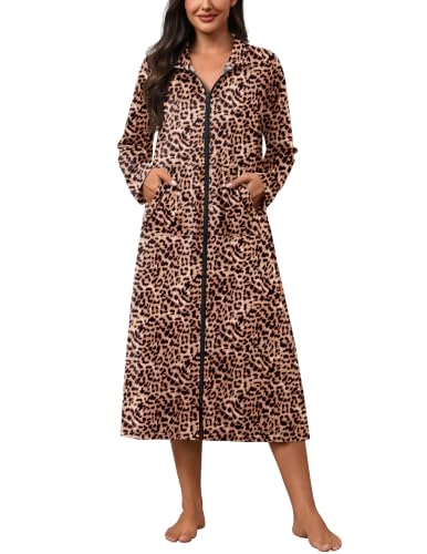 Image of Ekouaer Women Zipper Robes Long Sleeve Lightweight House Coats with Pockets