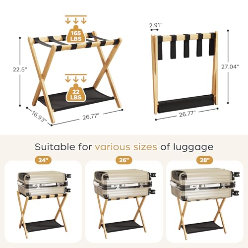 oakvivo Fully Assembled Luggage Racks Pack of 2, Bamboo Natural Foldable Luggage Rack for Guest Room, Suitcase Stand with Fabric Storage Shelf for Hotel, 5 Nylon Straps, 26.77\" W x 16.93\" D x 22.5\" H - Thumbnail 2