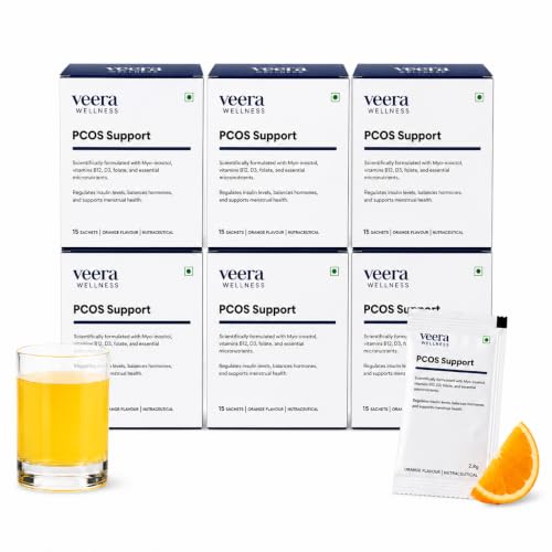 Image of Veera PCOS Support with Clinically-Approved 2000mg Myo-Inositol | Aids Regular Periods & Fertility| Helps Reduce Acne, Mood Swings & Facial Hair| Supports Weight Management| Vitamin D3, Folate & 12 Essential Multivitamins| 90 Orange Flavour Sachets