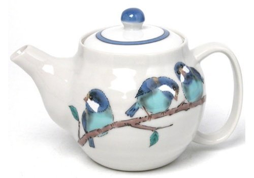 Kutani Pottery Blue birds on tree kyusu tea pot from Japan SK-218