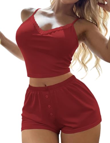 Image of Ekouaer Cami Pajama Sets Y2K 2 Piece Lace Crop Top and Shorts Sexy Pjs Summer Lingerie Sleepwear Nightwear for Women
