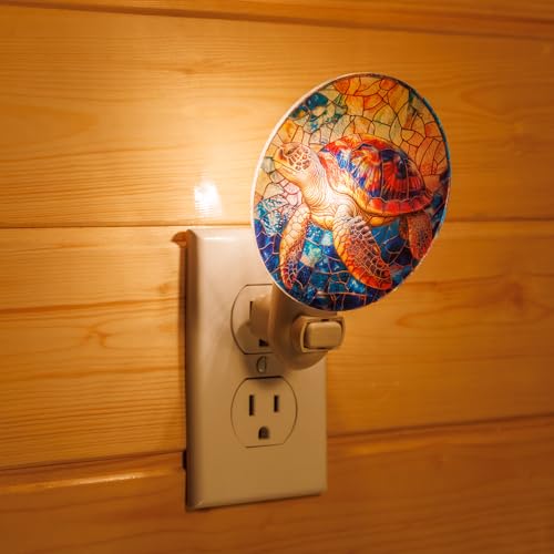 Image of Sea Turtle Night Light - Real Glass Stained Glass Styled Plug-in Wall Light for Vertical Outlets, Perfect Ocean-Themed Gift for Beach Lovers and Coastal Homes