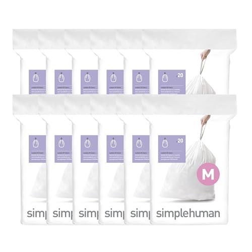 Image of simplehuman Code M 240 Count, Genuine Custom Fit Liners, Drawstring Trash Bags in Dispenser Packs, 45 Liter /12 Gallon