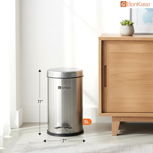 Image of Bonkaso 5L Stainless Steel Pedal Dustbin with Lid & Plastic Inner Bucket (7x11 Inch) | Foot Operated Garbage /Trash Can For Home, Kitchen, Bathroom & Office | Rust Proof Round Waste Bin (Silver)