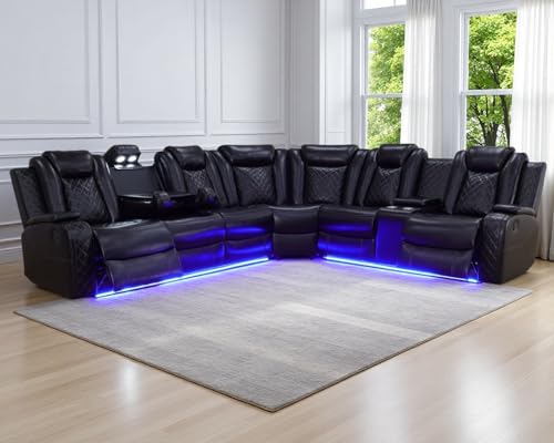 SITYRUBE Power Recliner Sectional Sofa,Leather Reclining Sectional Couch L Shape Sofa with Coffee Table,Cup Holder,Storage Console for Living Room/Home Theater, Black