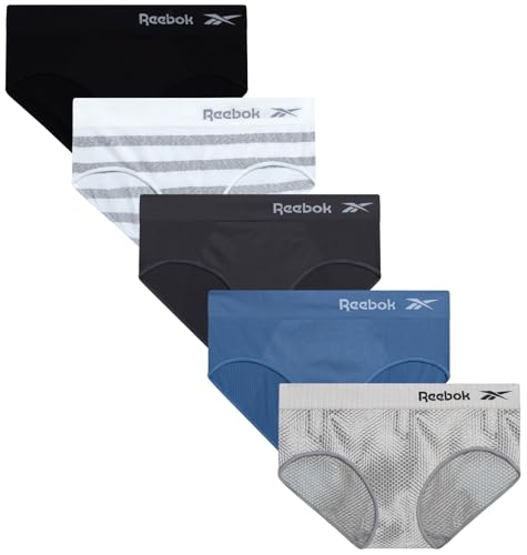 Reebok Hipster for Women - 5 Pack Seamless Moisture Wicking Nylon Spandex Womens Underwear- Breathable Stretch Performance Panties, Large, Jacquard/Blue/Blackened Pearl/Black/White Stripe