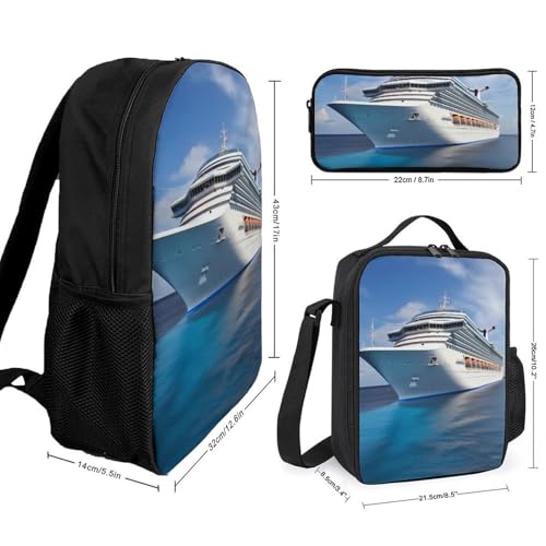 3 Piece Backpack for Women Men Lightweight Causal Daypack Shoulder Bag Set with Insulated Lunch Bag And Pencil Case Organizers Cruise Ship2